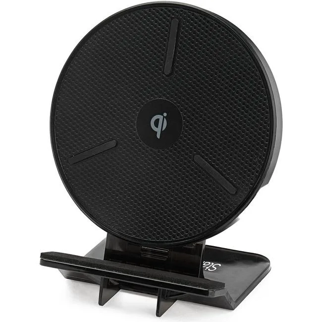Black Qi wireless charging stand with adjustable phone holder and LED status lights