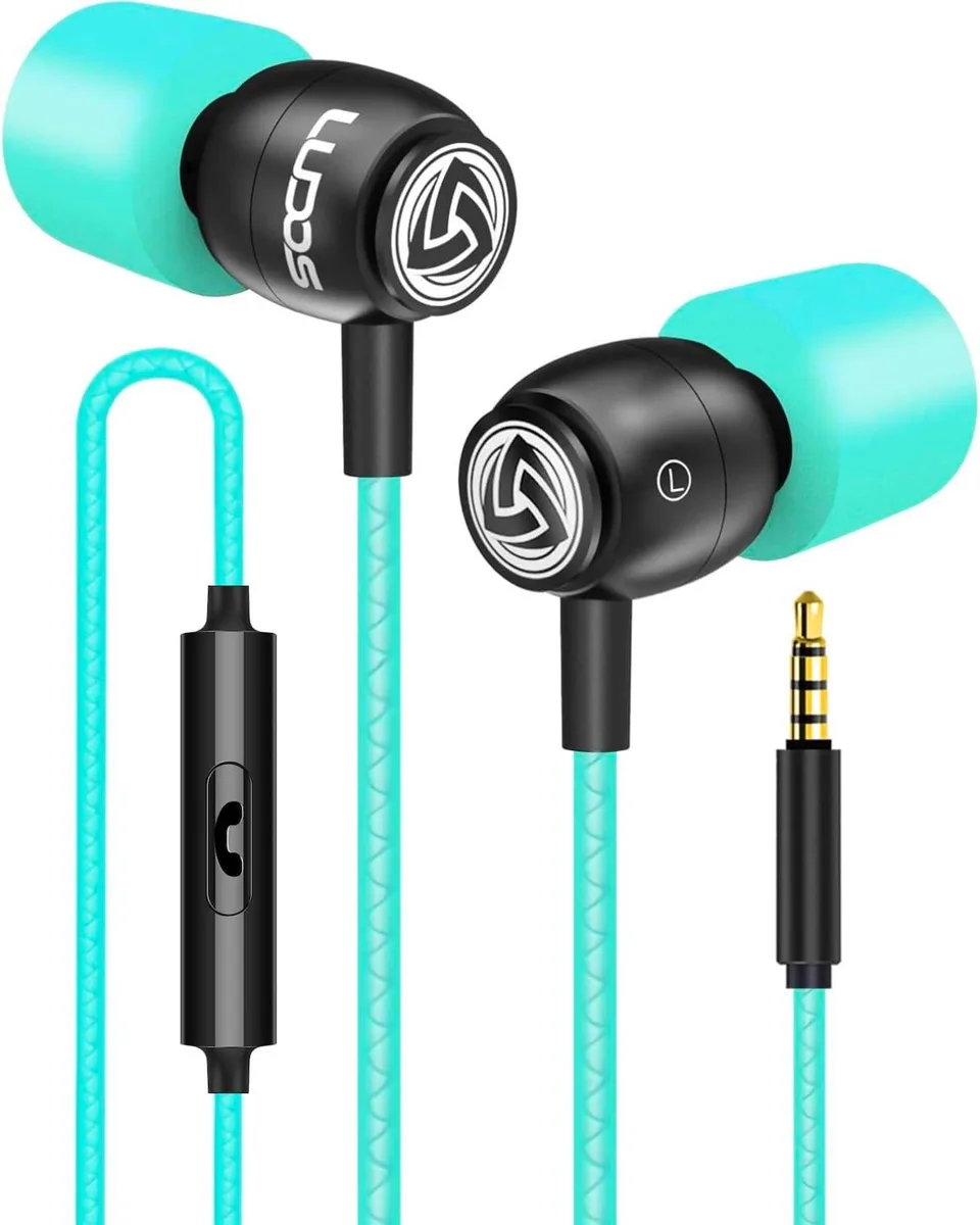 Turquoise metal in-ear buds with braided cable and inline mic