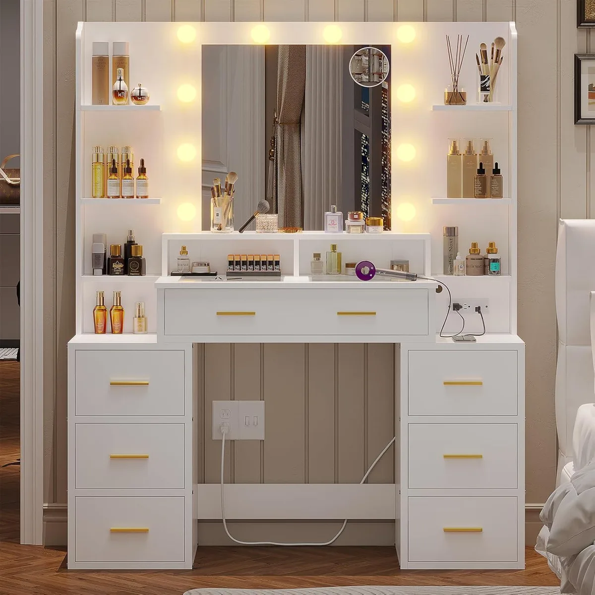 White vanity desk set with mirror, ten lights, glass top, eight drawers and shelves