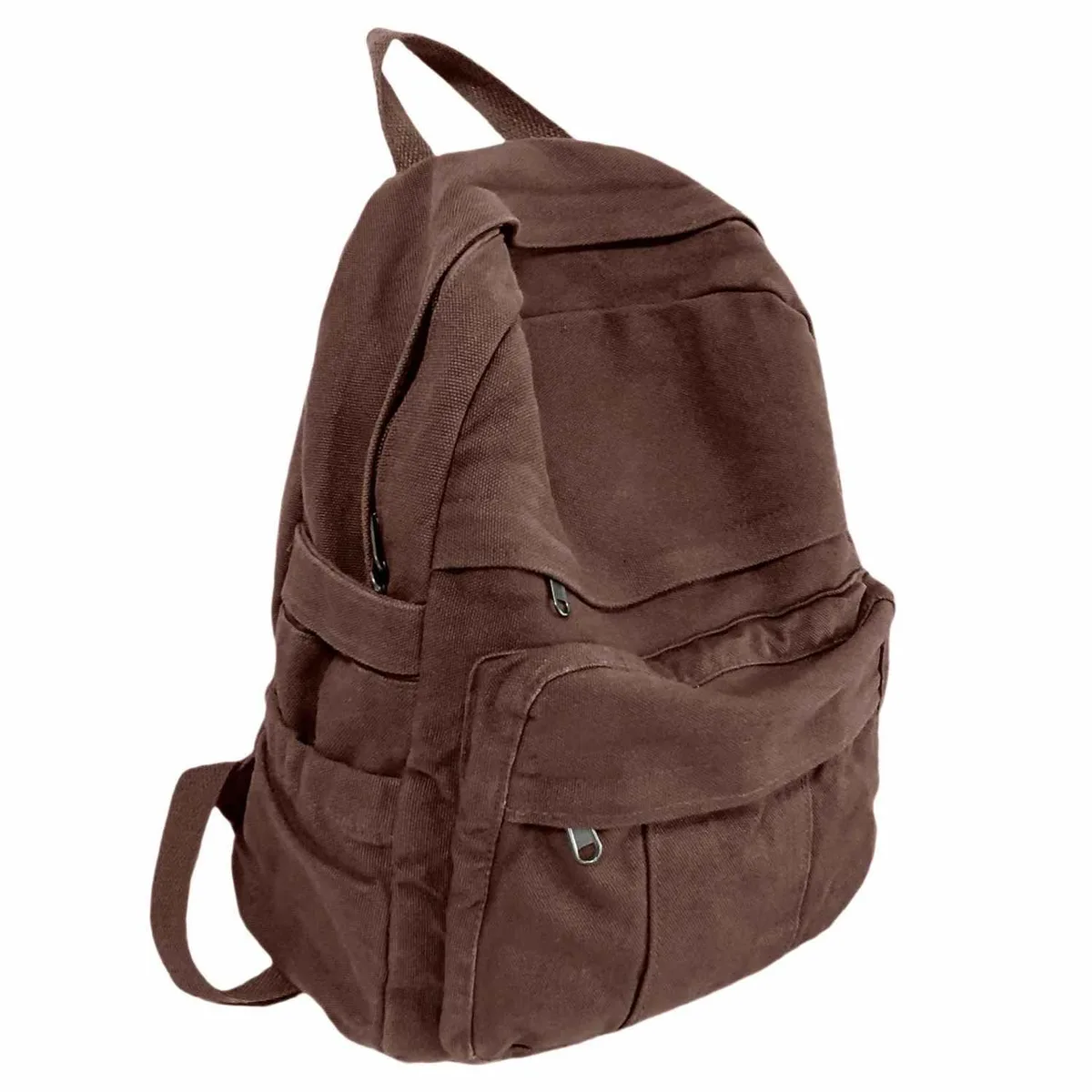 Coffee-brown canvas backpack, square soft-shell shape, leather accents, padded shoulder straps, top zipper closure