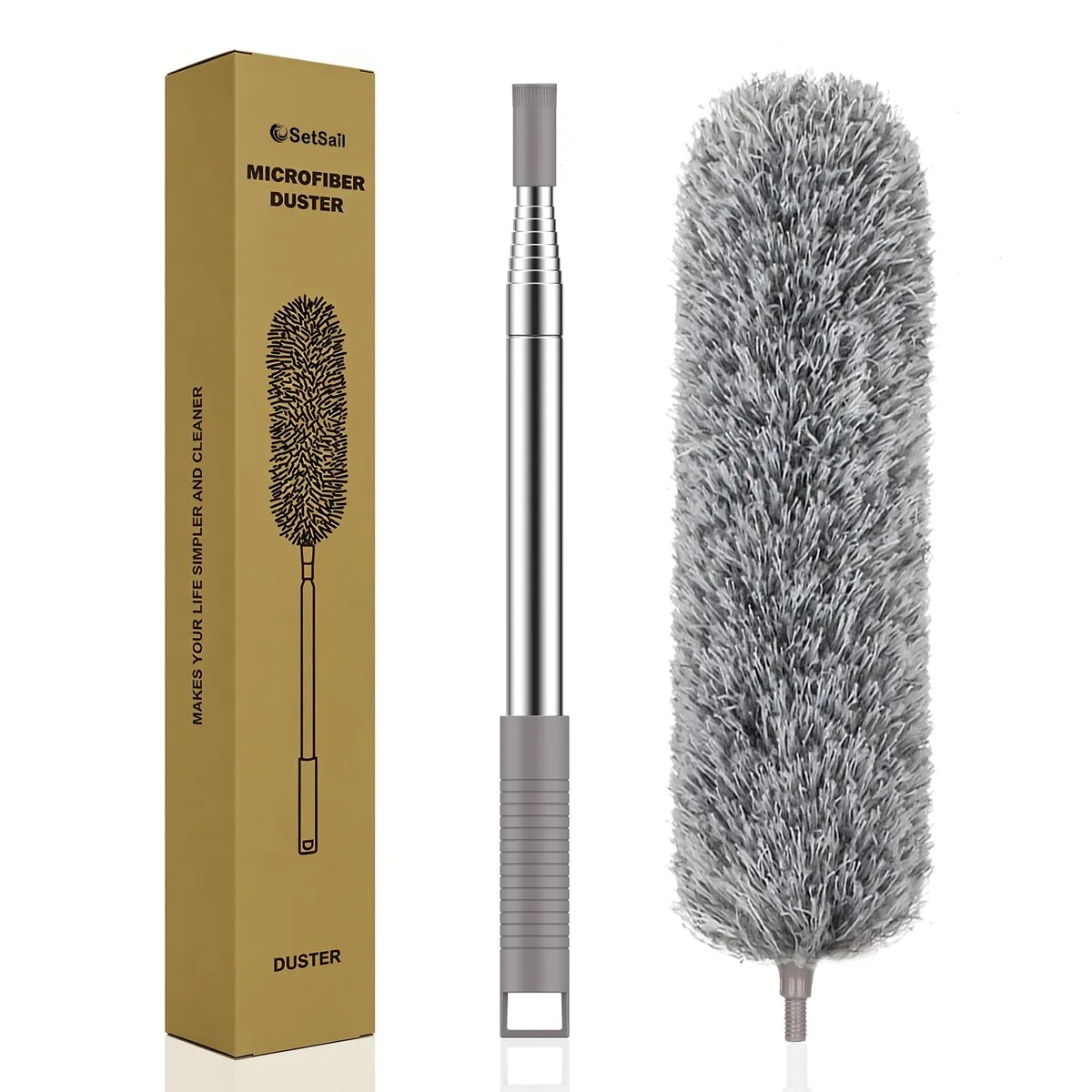 Gray extendable microfiber duster with telescoping stainless steel pole collapsed to 30 inches, bendable head visible