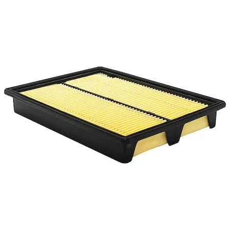 Rectangular automotive engine air filter panel, pale pleated paper element inside black rubber frame, new condition