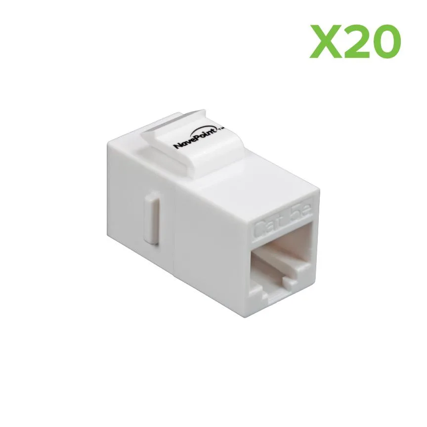 White CAT5e keystone couplers, 20 pack, rectangular plastic with gold RJ45 ports