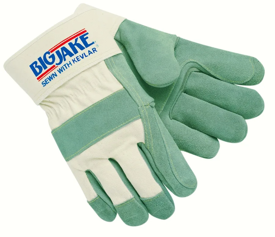 Pair of X-large leather work gloves with double palm, wing thumb, safety cuff and cotton fleece lining