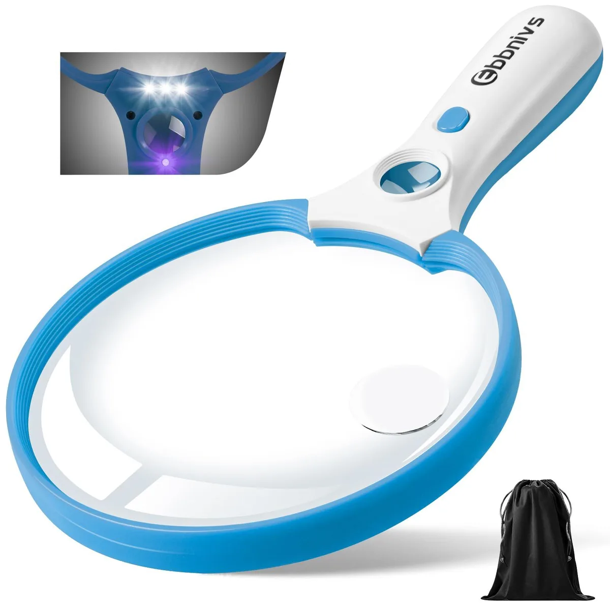 Twelve blue acrylic handheld magnifiers with 5.5in lenses and LED UV lights