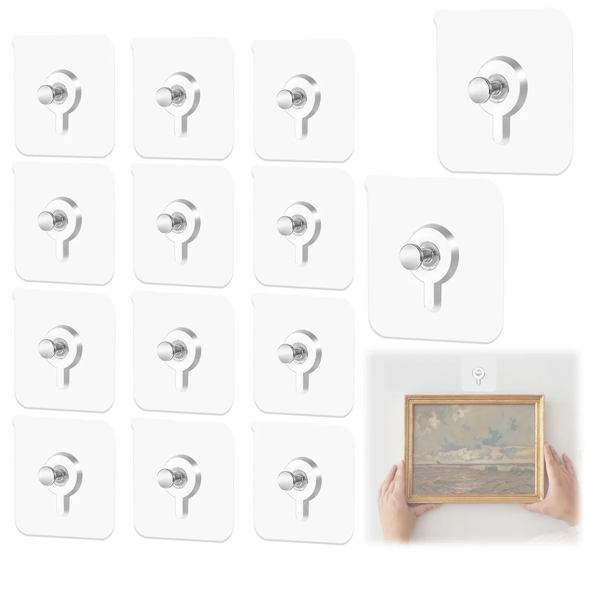 Fourteen white adhesive wall hooks with metal tips on a backing sheet