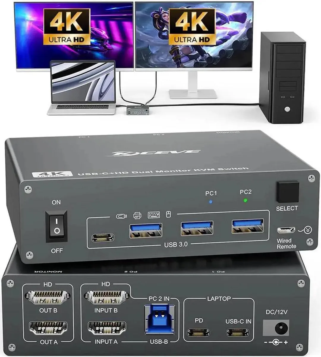 Vszerda Vszerda 2-Port USB-C HDMI KVM Switch 4K@60Hz 87W PD Wired Remote — product photo
