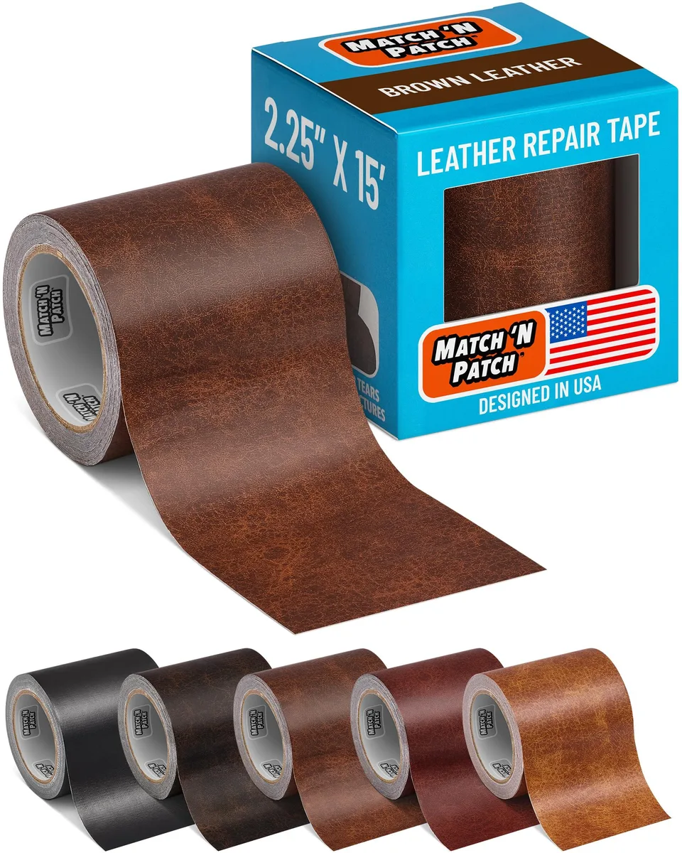 Brown leather-look repair tape roll, 2.25 inches wide by 15 feet long