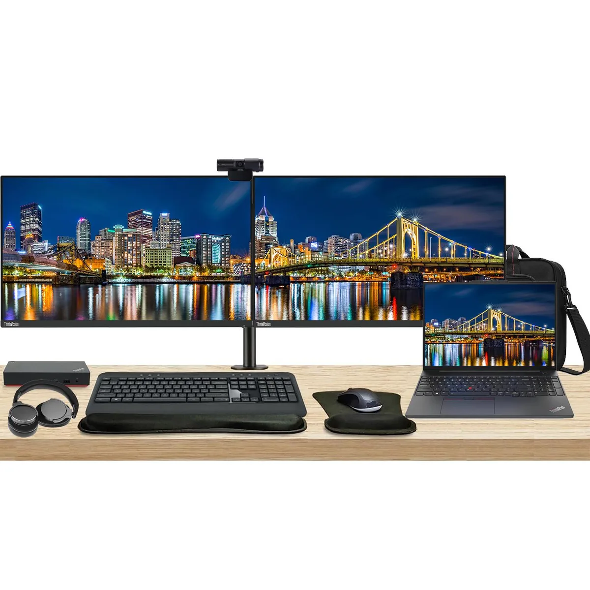 Lenovo Lenovo ThinkPad E16 16" Ryzen 5 7530U 16GB 256GB laptop with dual 27" monitors, dock, peripherals — product photo