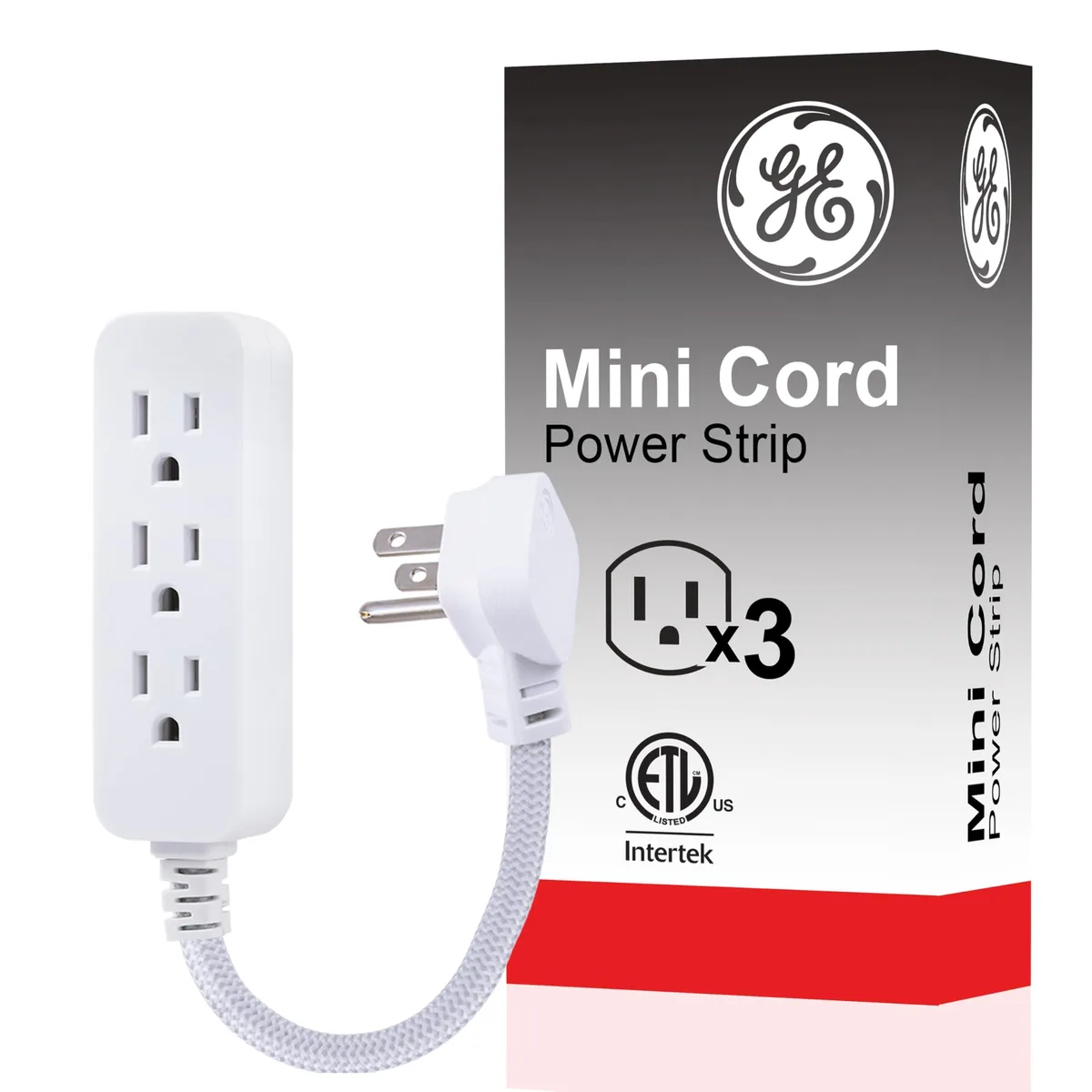 White braided 3-outlet power strip with flat angled plug