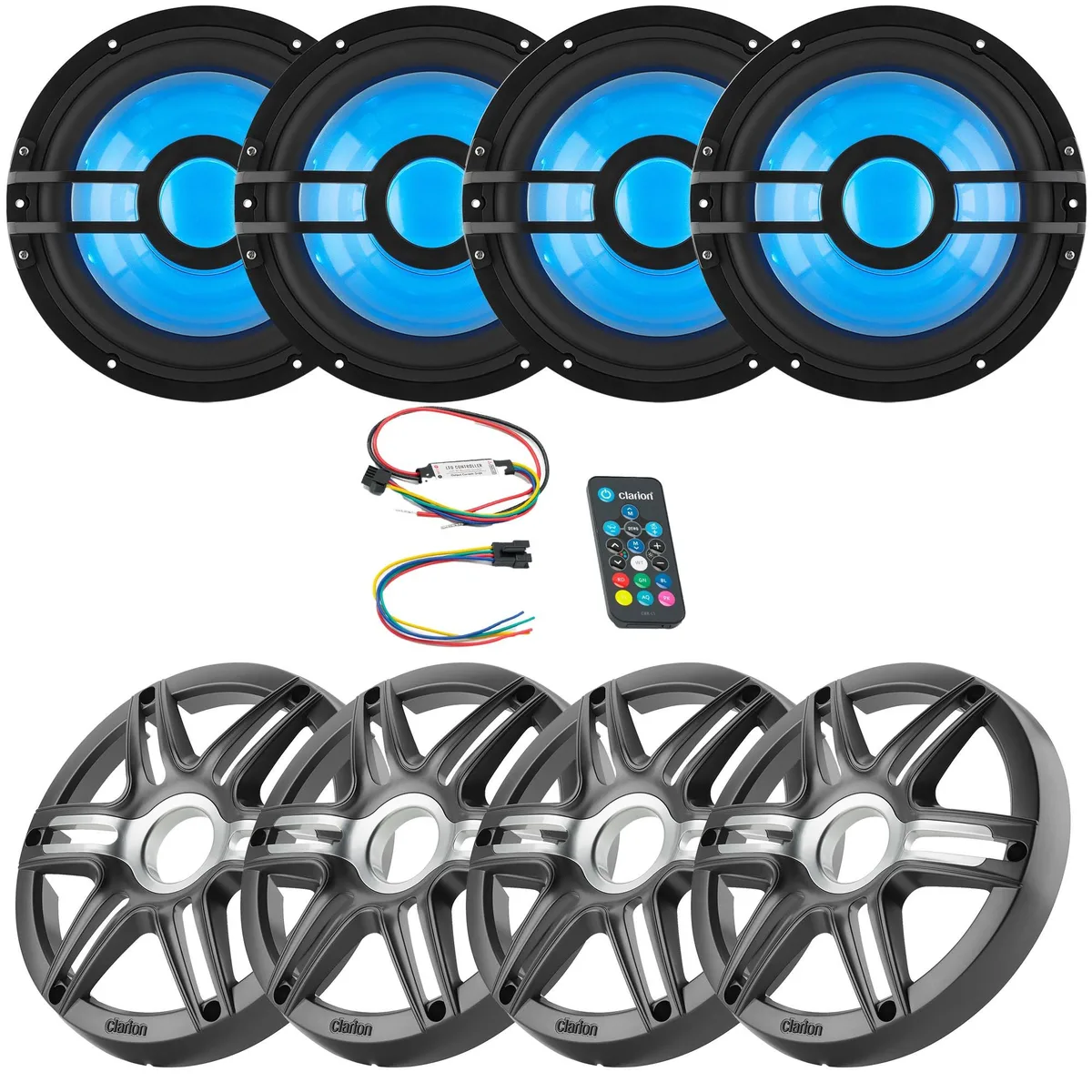 Clarion Clarion CMSP-101RGB-2 10" Marine Subwoofer 4-pack with LED Controller and Gray Metallic Grilles — product photo