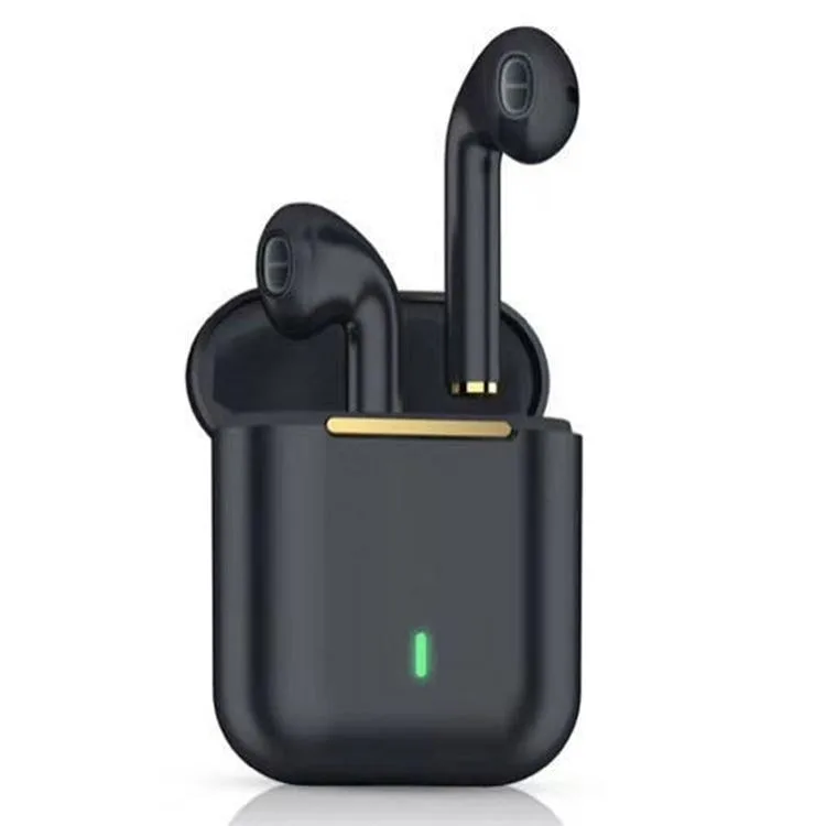 Black true wireless earbuds in a compact charging case