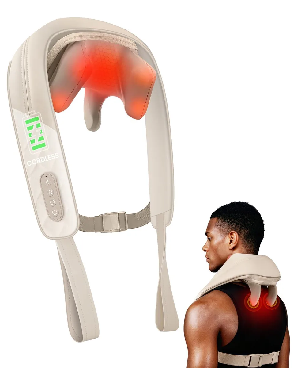 Khaki cordless neck massager with wrap-around shape and adjustable strap