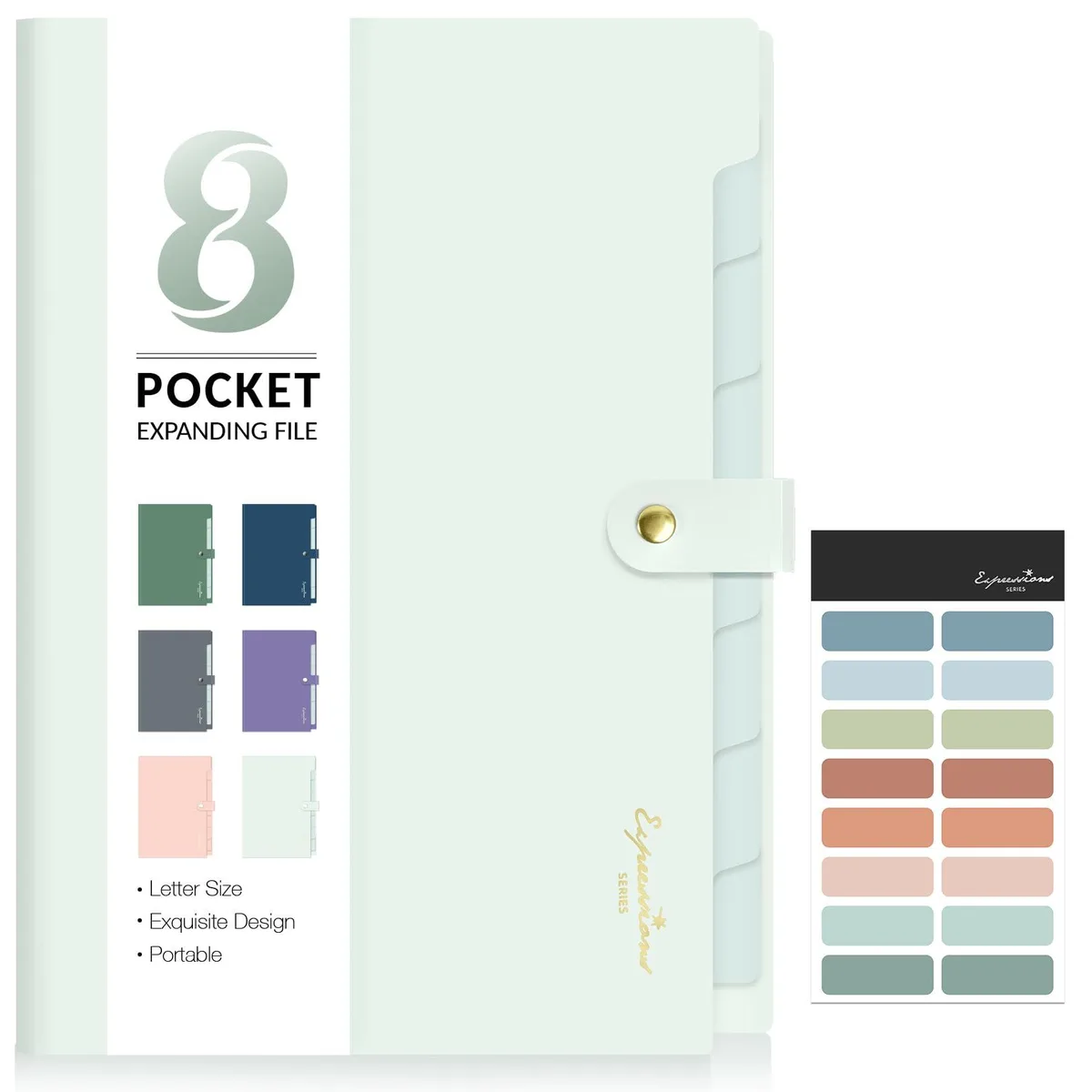 Light green expanding file folder with eight pockets and snap closure