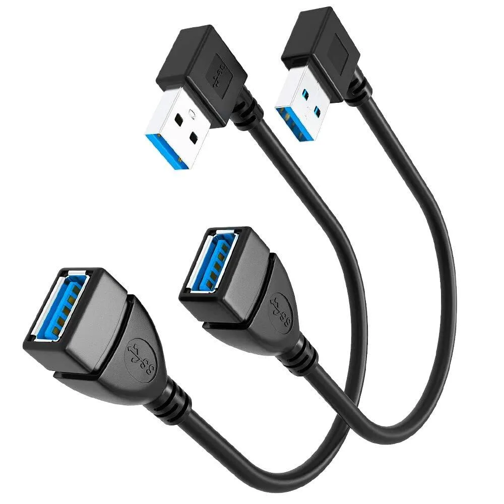 Two black USB 3.0 extension cables with 90-degree angled male connectors, one pointing left and one right