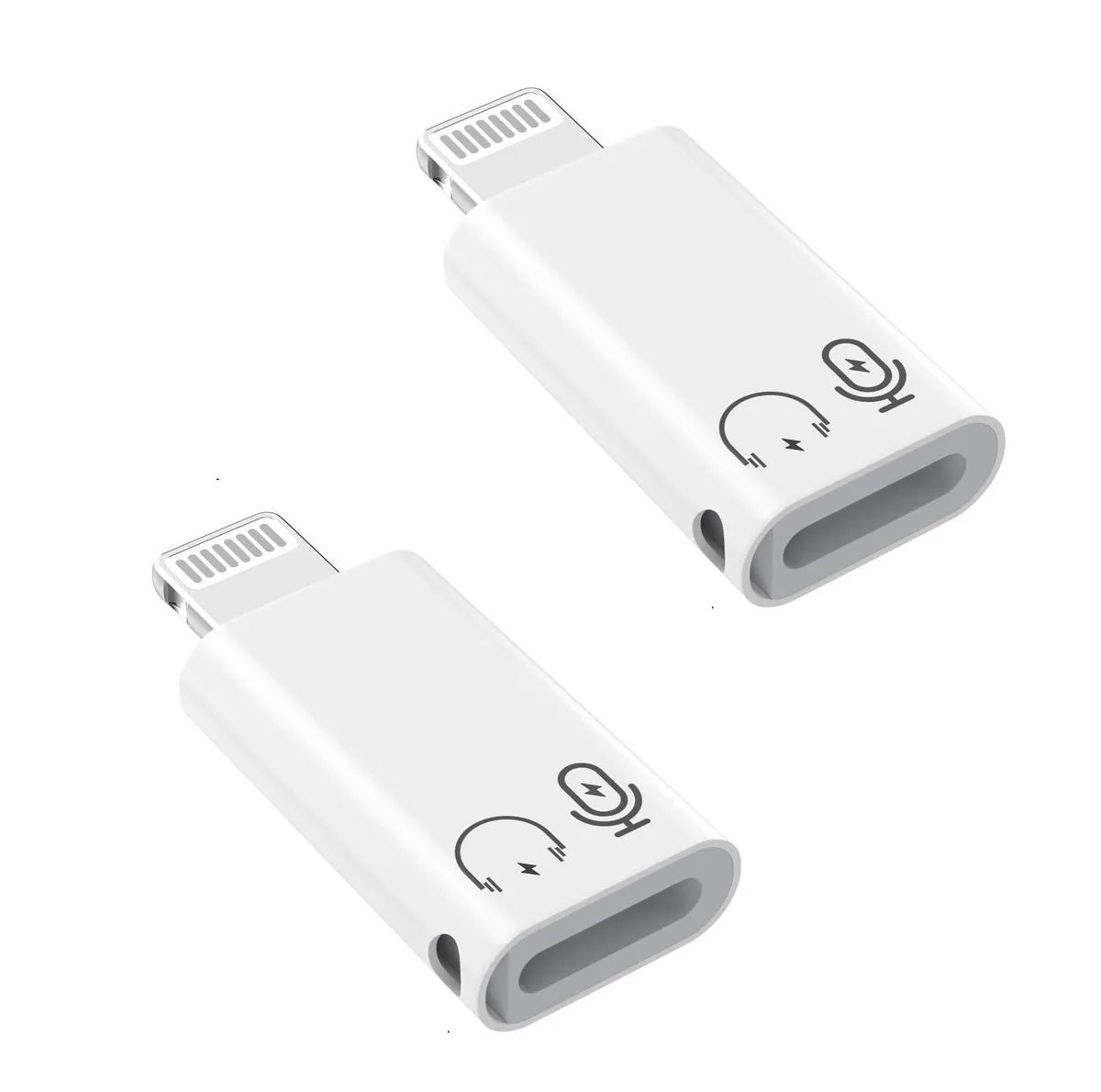 Two white Lightning-to-USB-C adapter dongles side by side