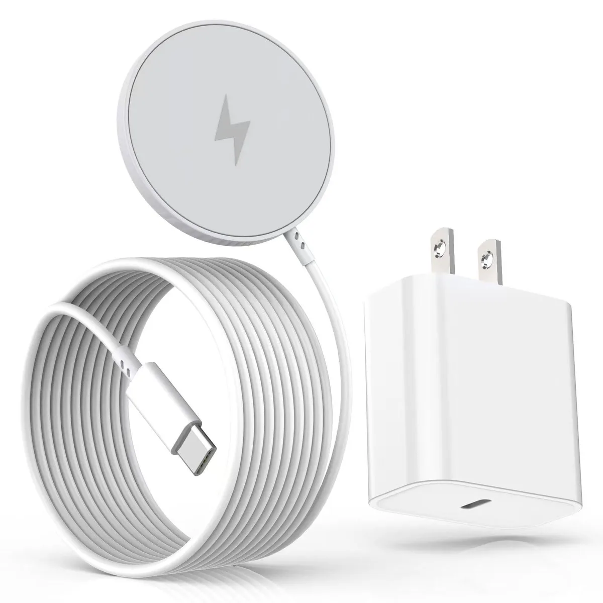 White circular magnetic charging pad with long USB-C cable and compact power adapter