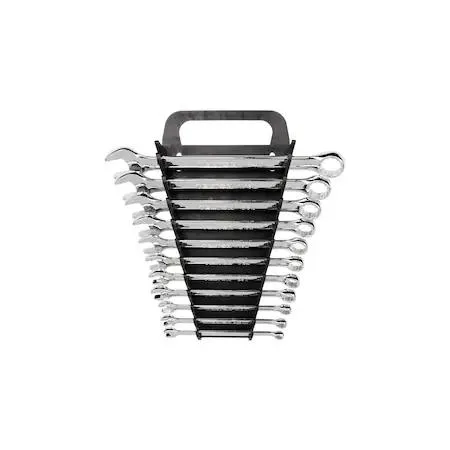 Eleven chrome combination wrenches in folding holder