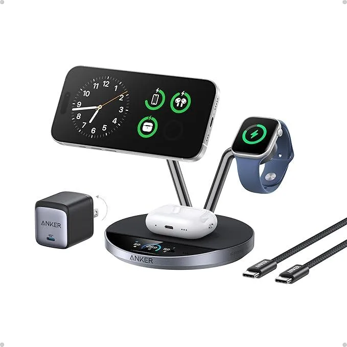 White rectangular 3-in-1 wireless charging stand with built-in display and cooling vents