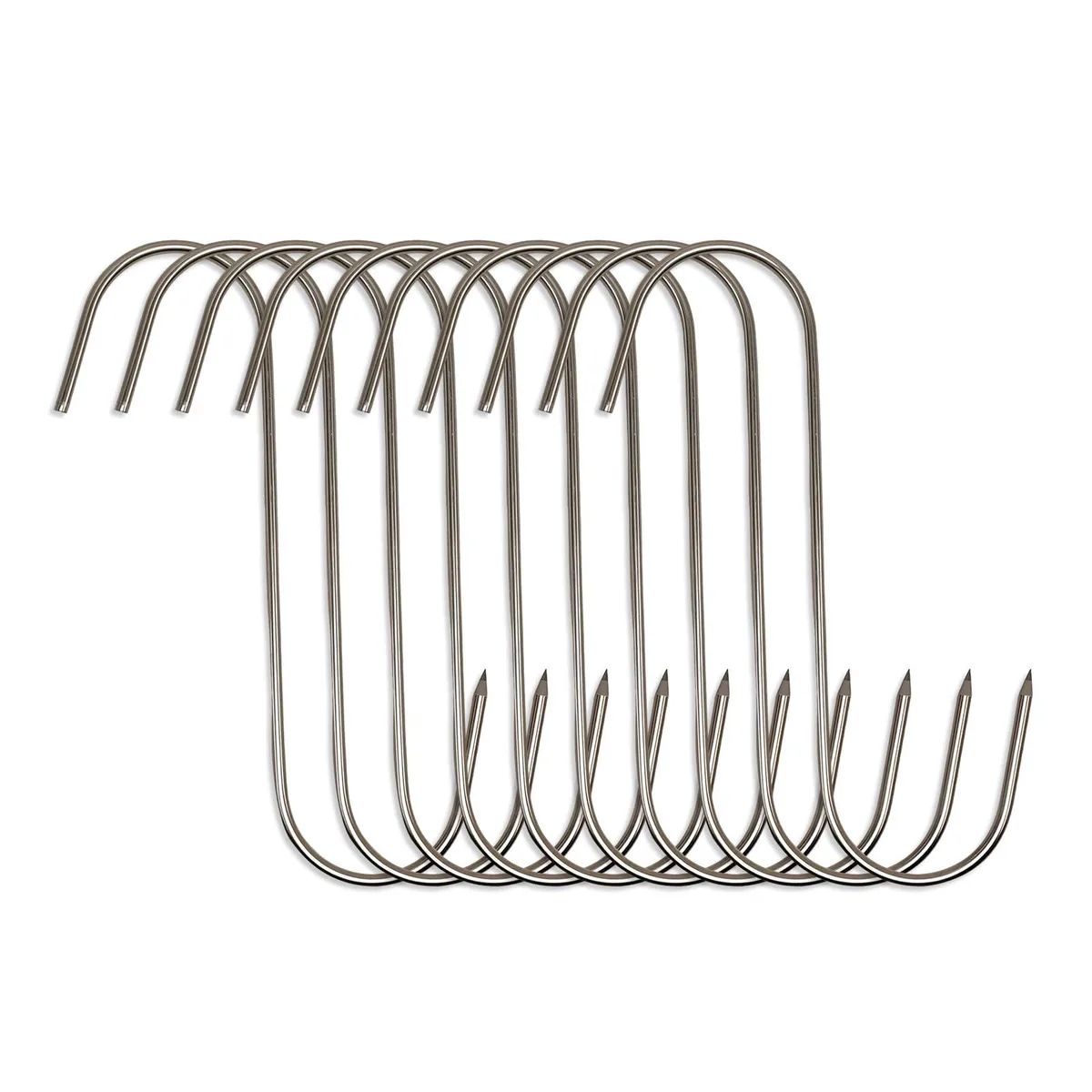 Ten polished stainless steel S-hooks, 5.12in long, silver finish