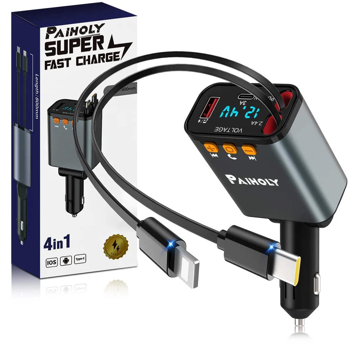  Paiholy PT-42 Bluetooth 5.3 FM Transmitter Car Charger Grey — product photo
