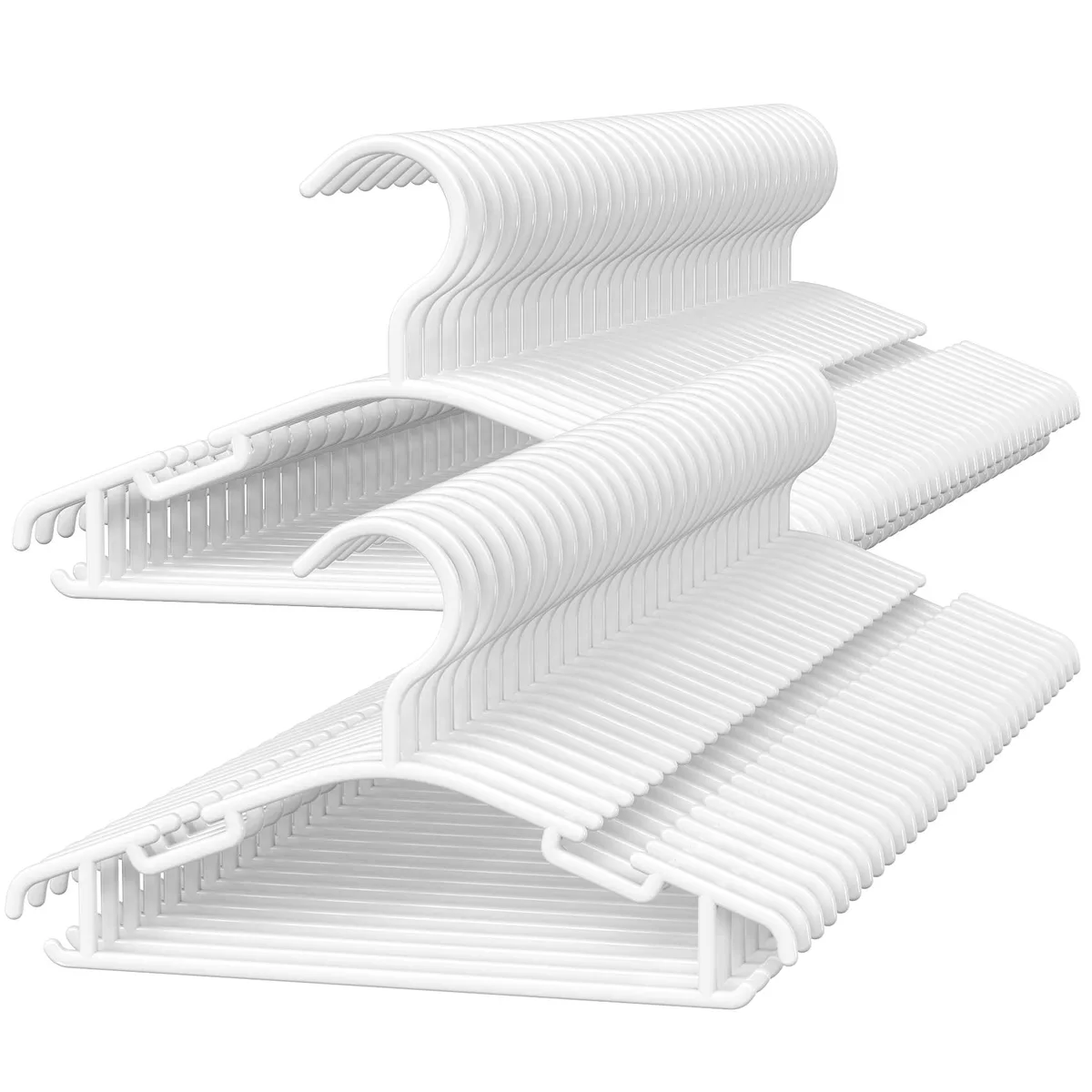 Sixty white plastic baby hangers with notched shoulders