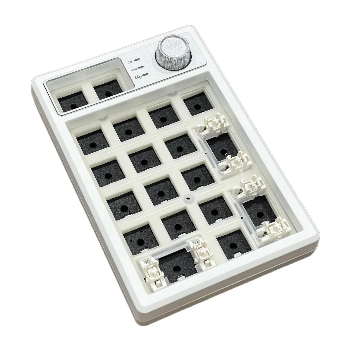 White 19-key wireless mechanical numpad kit with metal volume knob and RGB backlighting
