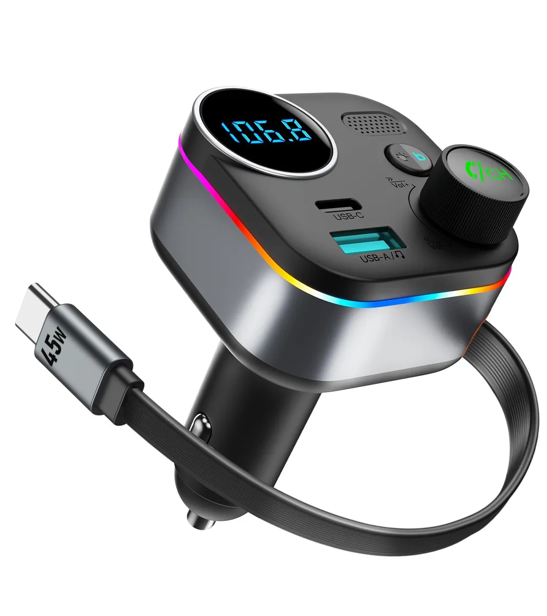  Scosche Y-C03 Bluetooth 5.4 FM Transmitter 72W Car Charger 45W Retractable USB-C — product photo