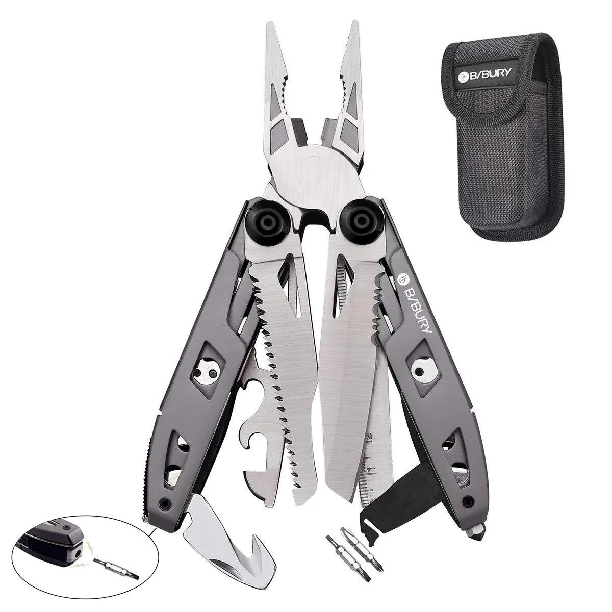 Compact 18-in-1 multitool pliers with titanium-plated steel handles and safety hammer