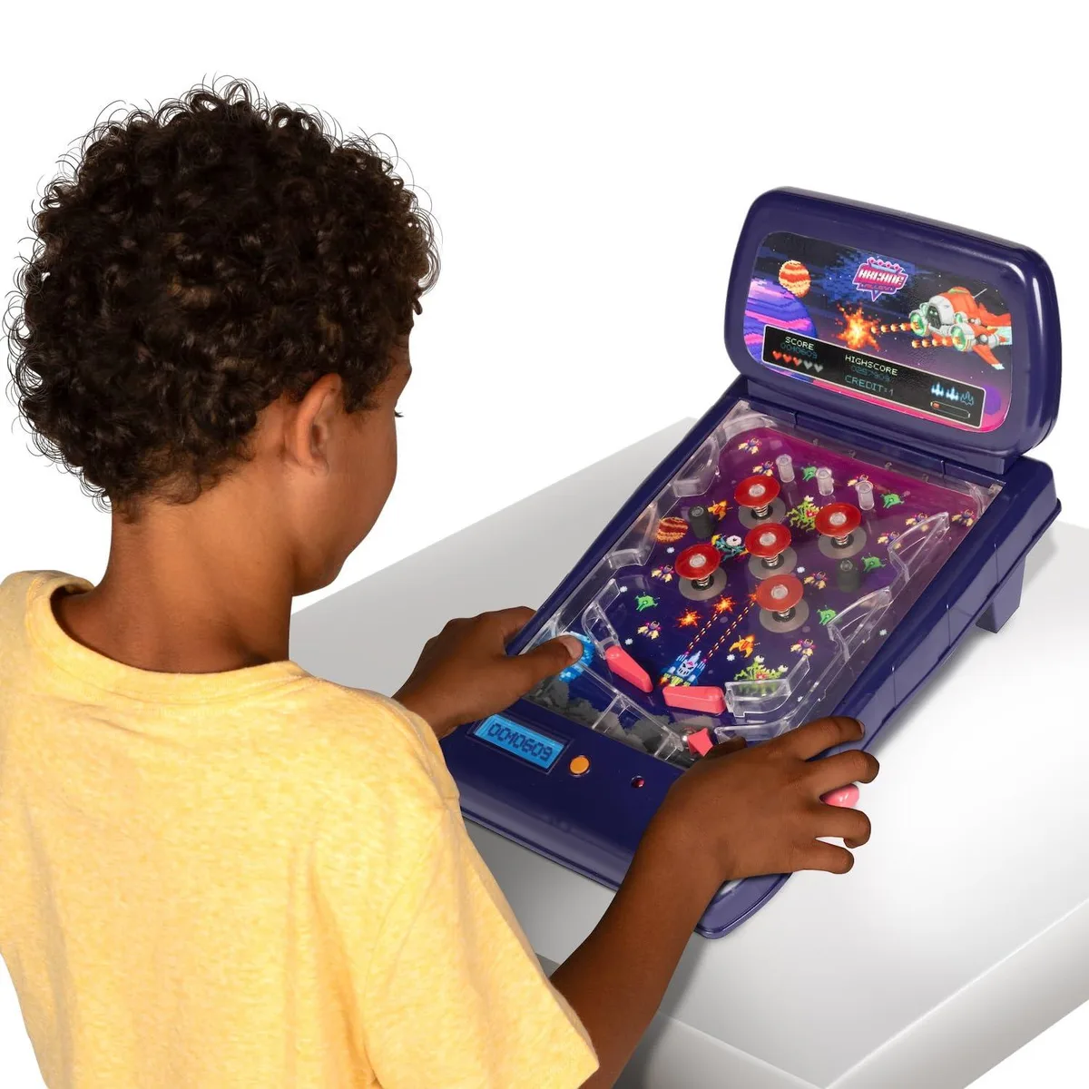 Black tabletop pinball game with retro arcade design and dual flipper controls