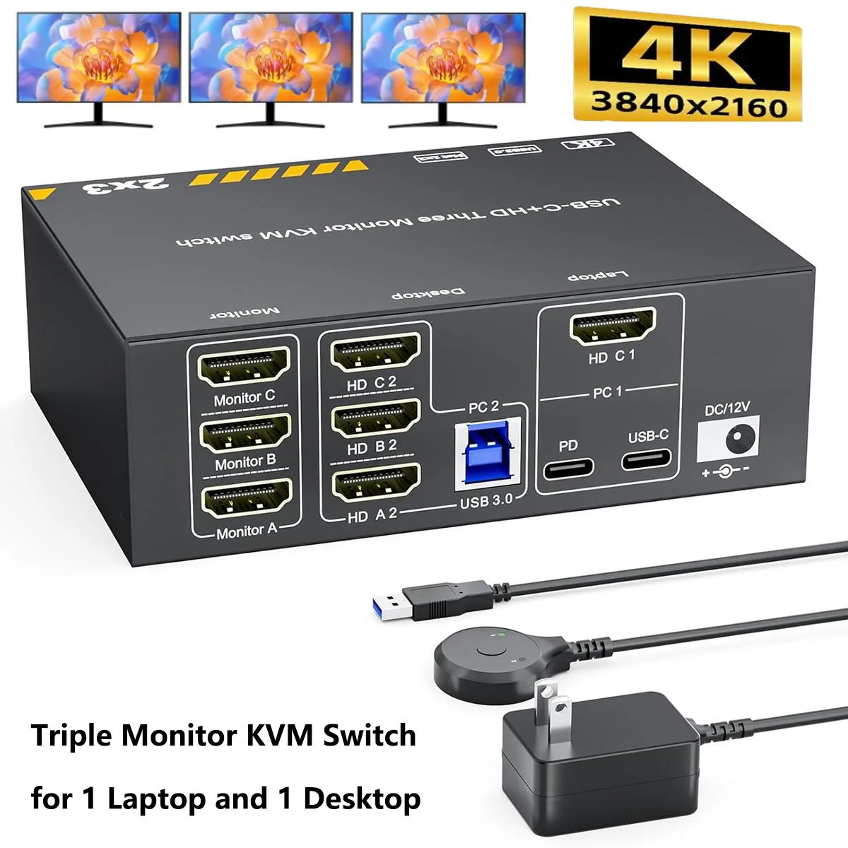 Hitoor Hitoor KVM Switch 3 Monitors 1 Laptop 1 Desktop 4K@60Hz USB-C HDMI 87W PD Wired Remote — product photo