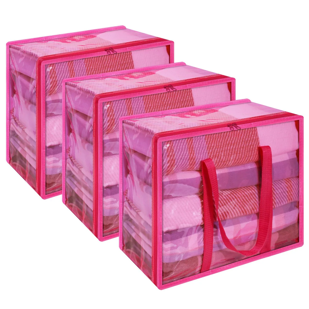 Three pink transparent PVC storage bags with zipper and long handles 18.1x15x9.1 in 40L each