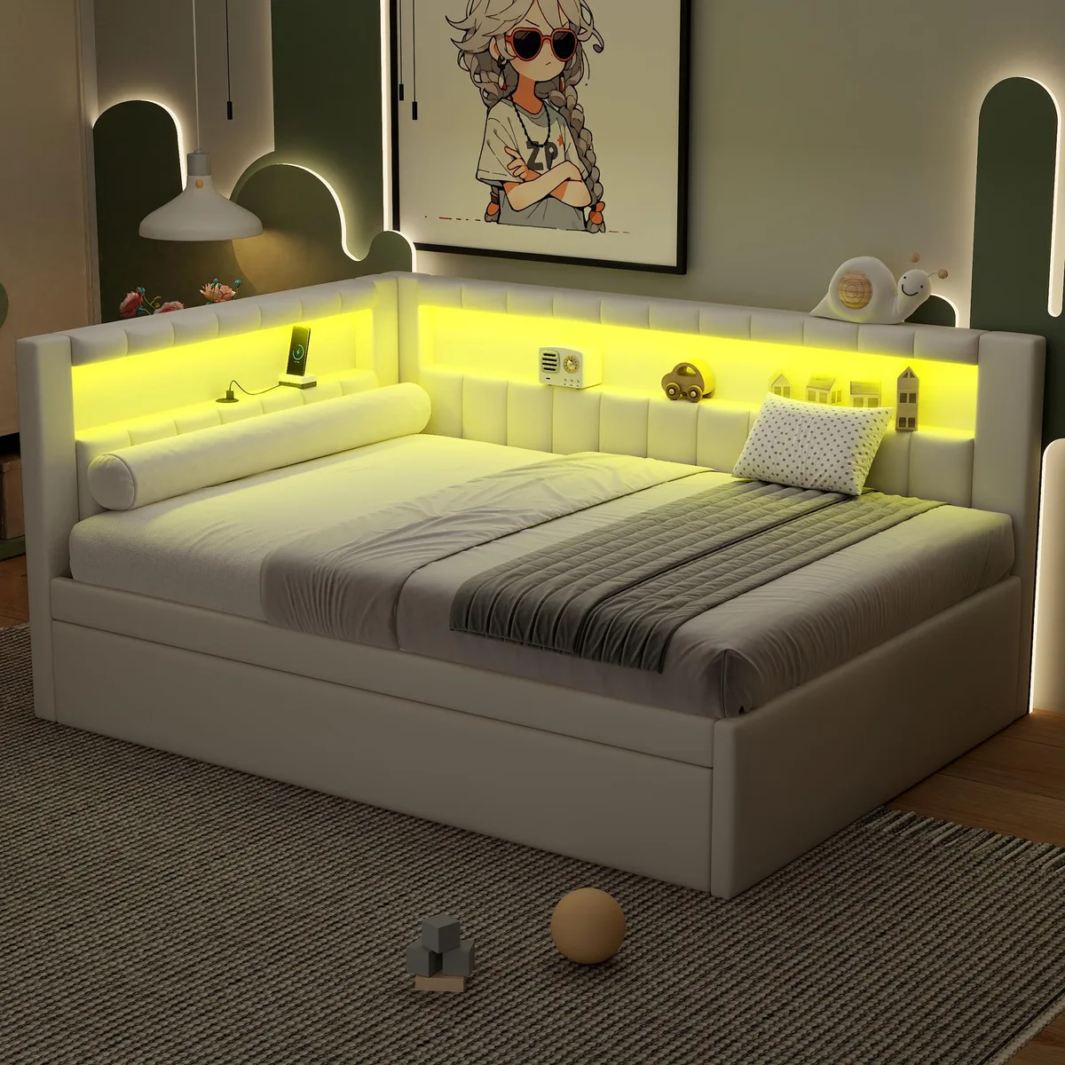 White upholstered full platform bed with LED lighting, USB ports and pull-out trundle