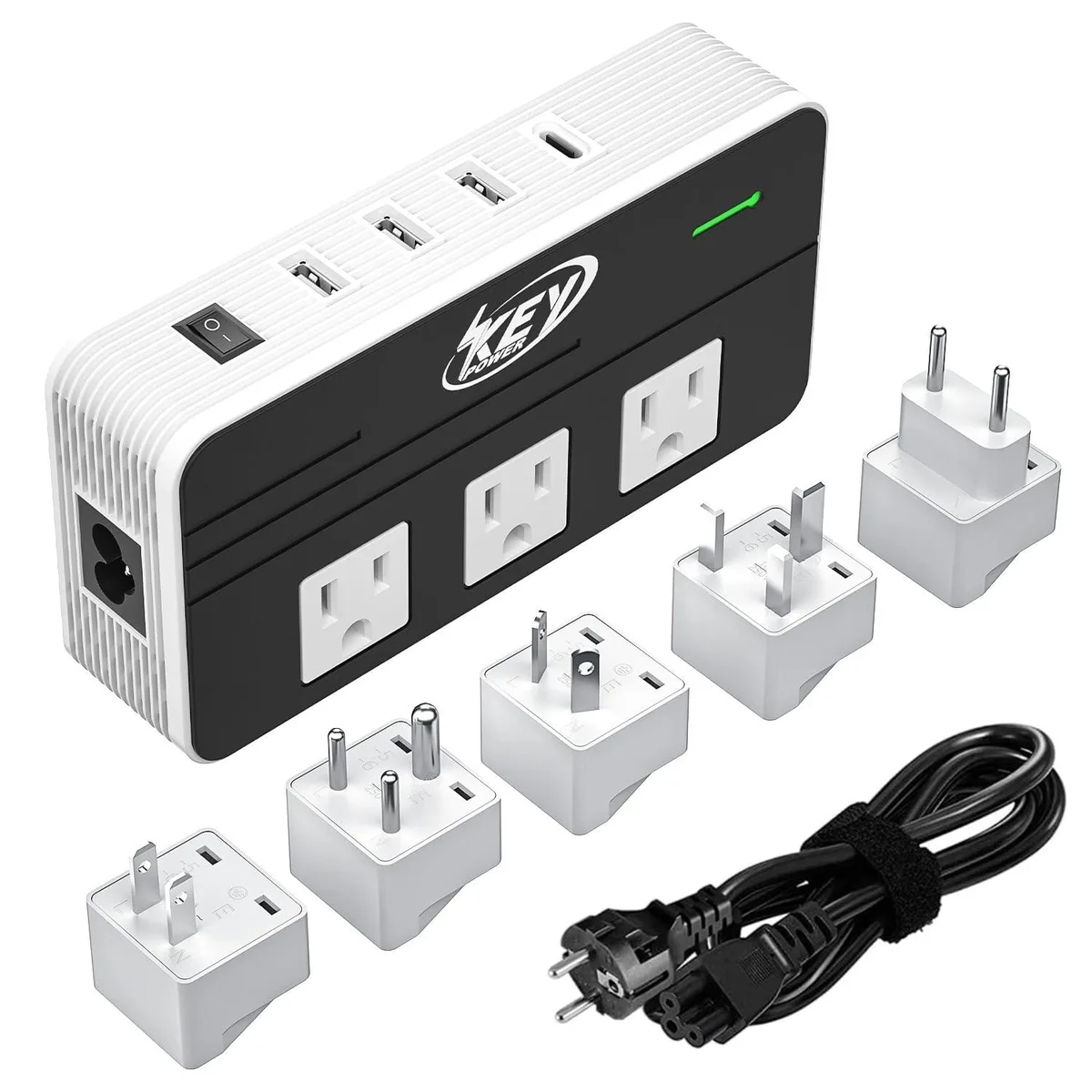Compact white voltage converter with retractable EU cord and interchangeable UK, US, AU, IN, EU plug heads