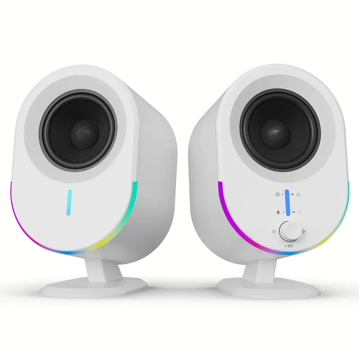 Pair of white desktop speakers with front RGB lighting and control knobs