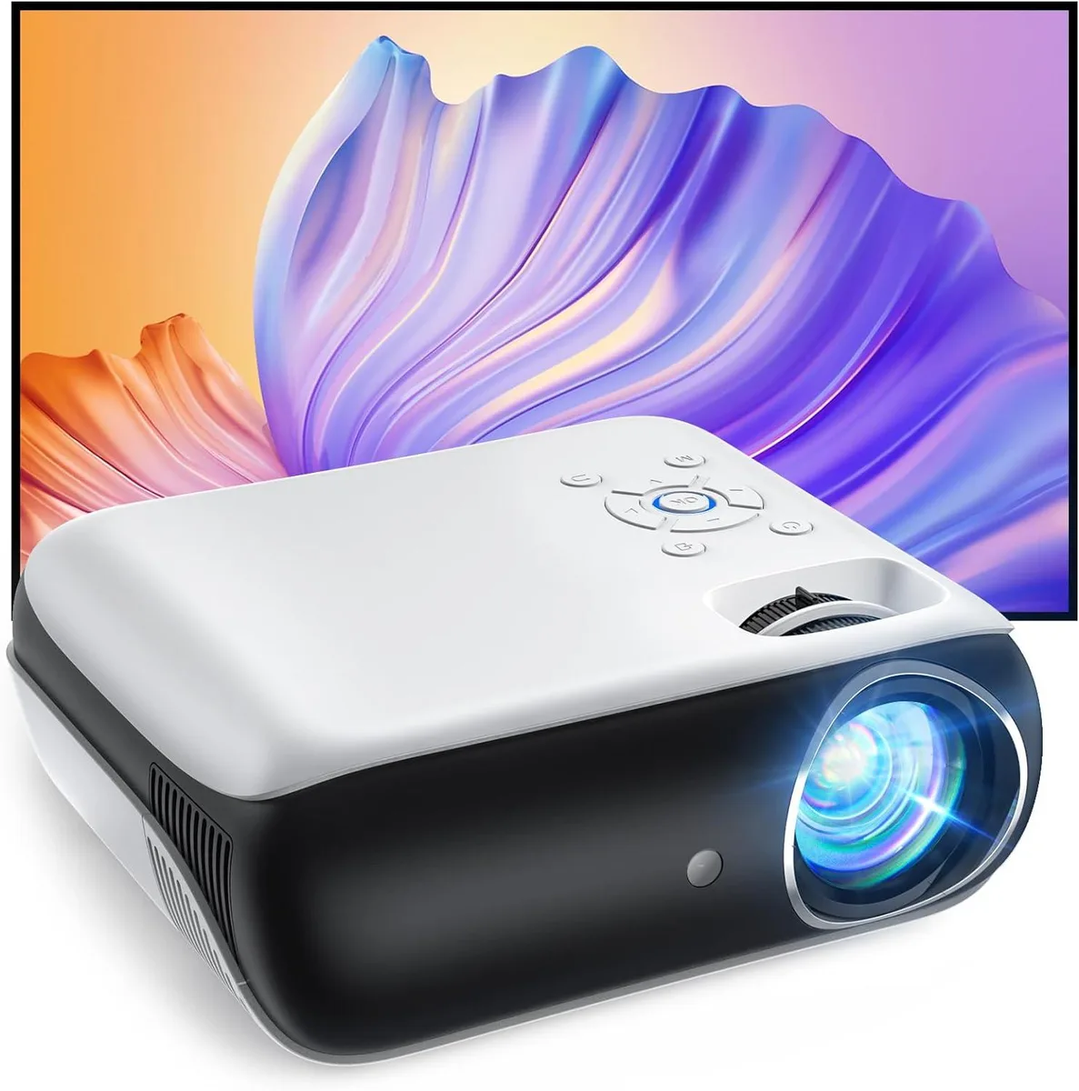Compact white projector with rectangular 100 inch screen