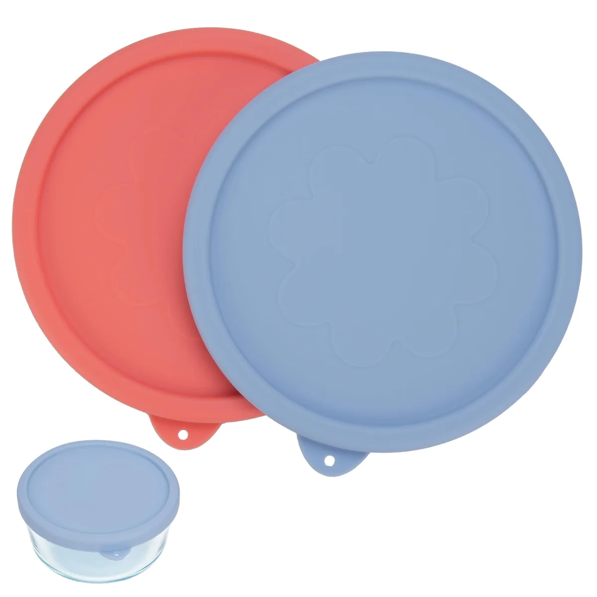 Two round silicone lids in light red and purple, flat flexible discs with smooth finish