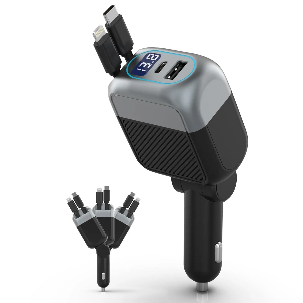 Black rectangular car charger with two retractable cables extending from the front, one USB-C and one Lightning