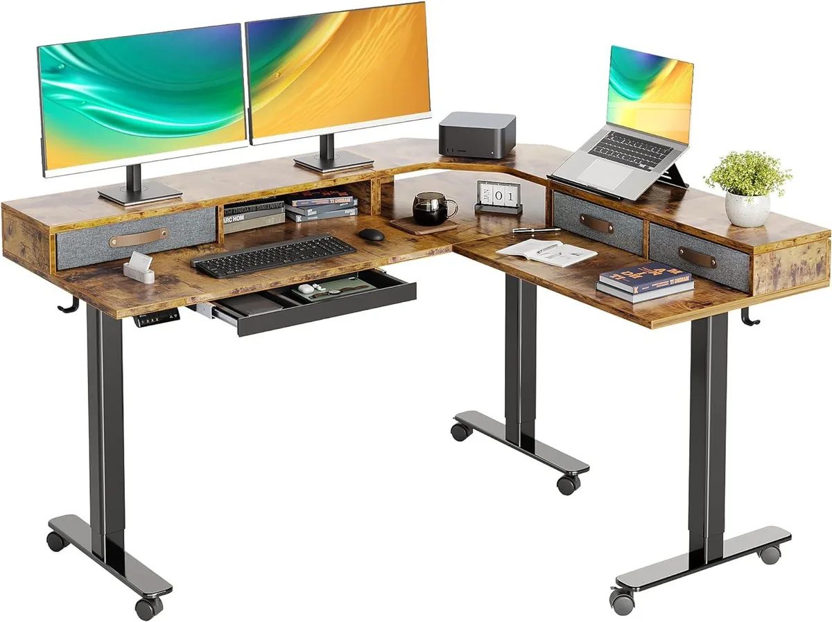 BFKK BFKK Triple Motor 63" L-Shaped Standing Desk with Drawers, Black Frame/Rustic Brown Top — product photo