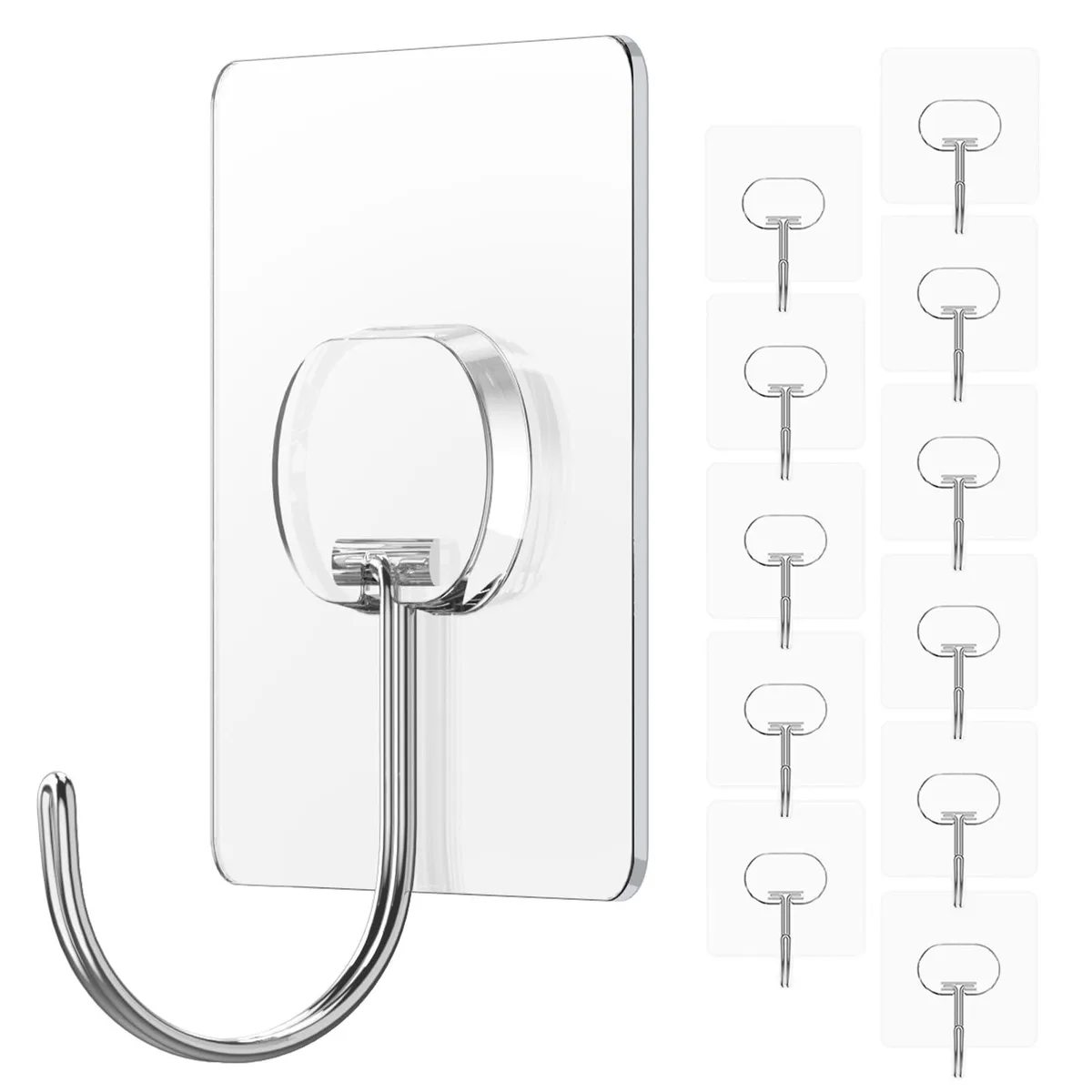 Clear adhesive wall hooks, twelve pack, 2.48 inch square, stainless steel, 90 degree rotating