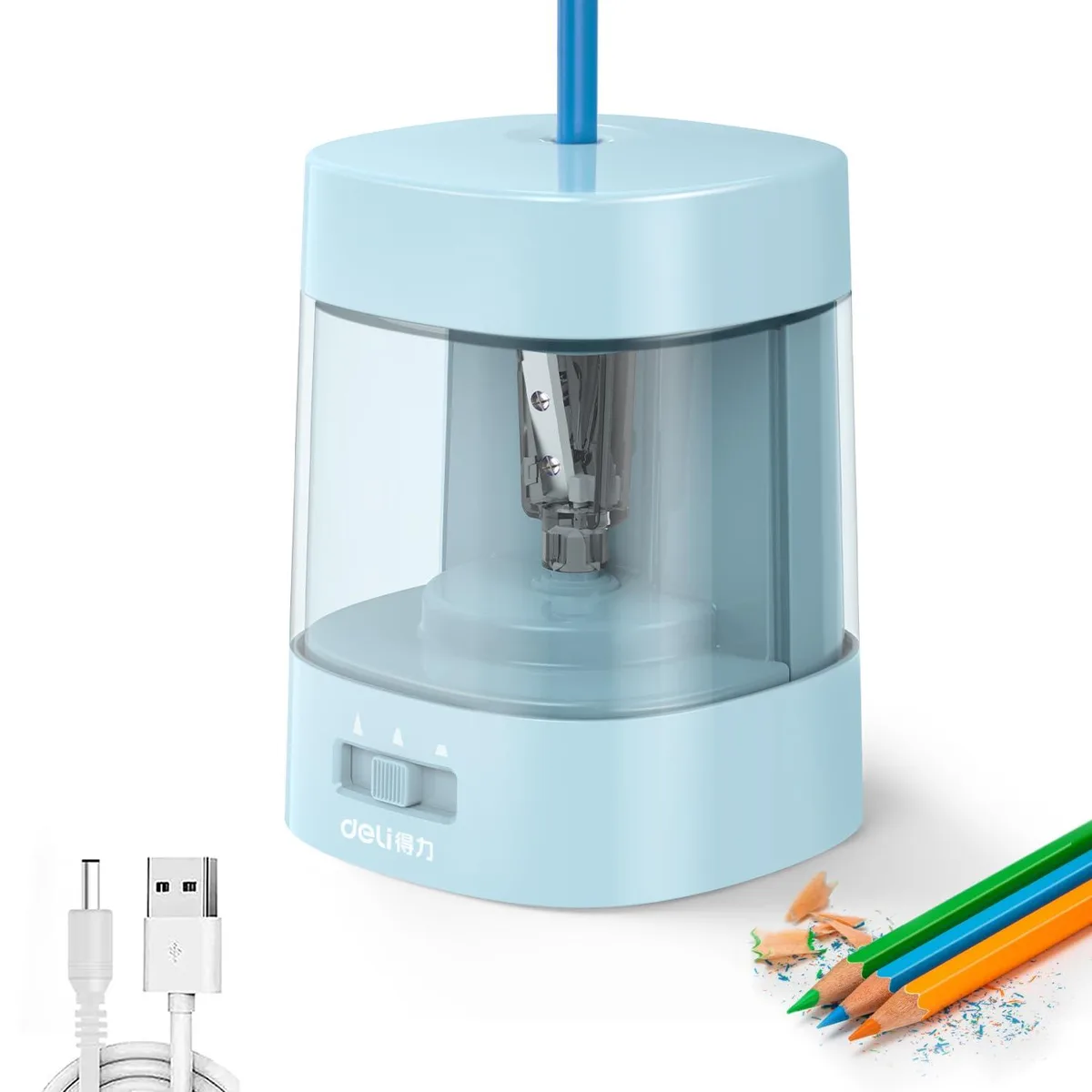 Blue electric pencil sharpener, ABS plastic body, compact rectangular shape, USB cable included