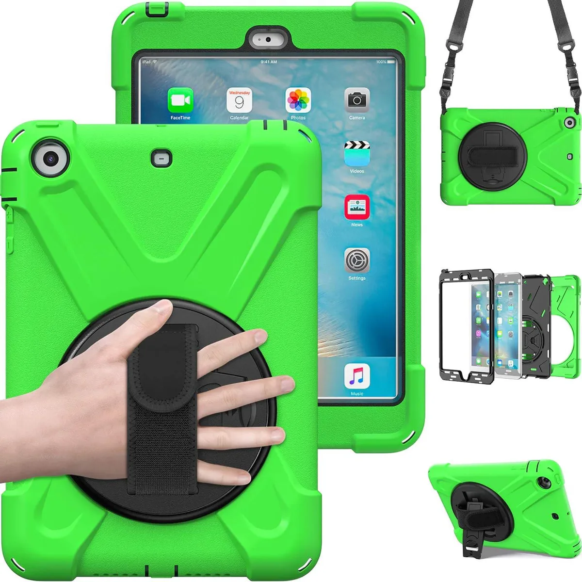 BONAEVER BONAEVER A1599 iPad Mini 1 2 3 protective case 360° stand shoulder strap Green — product photo