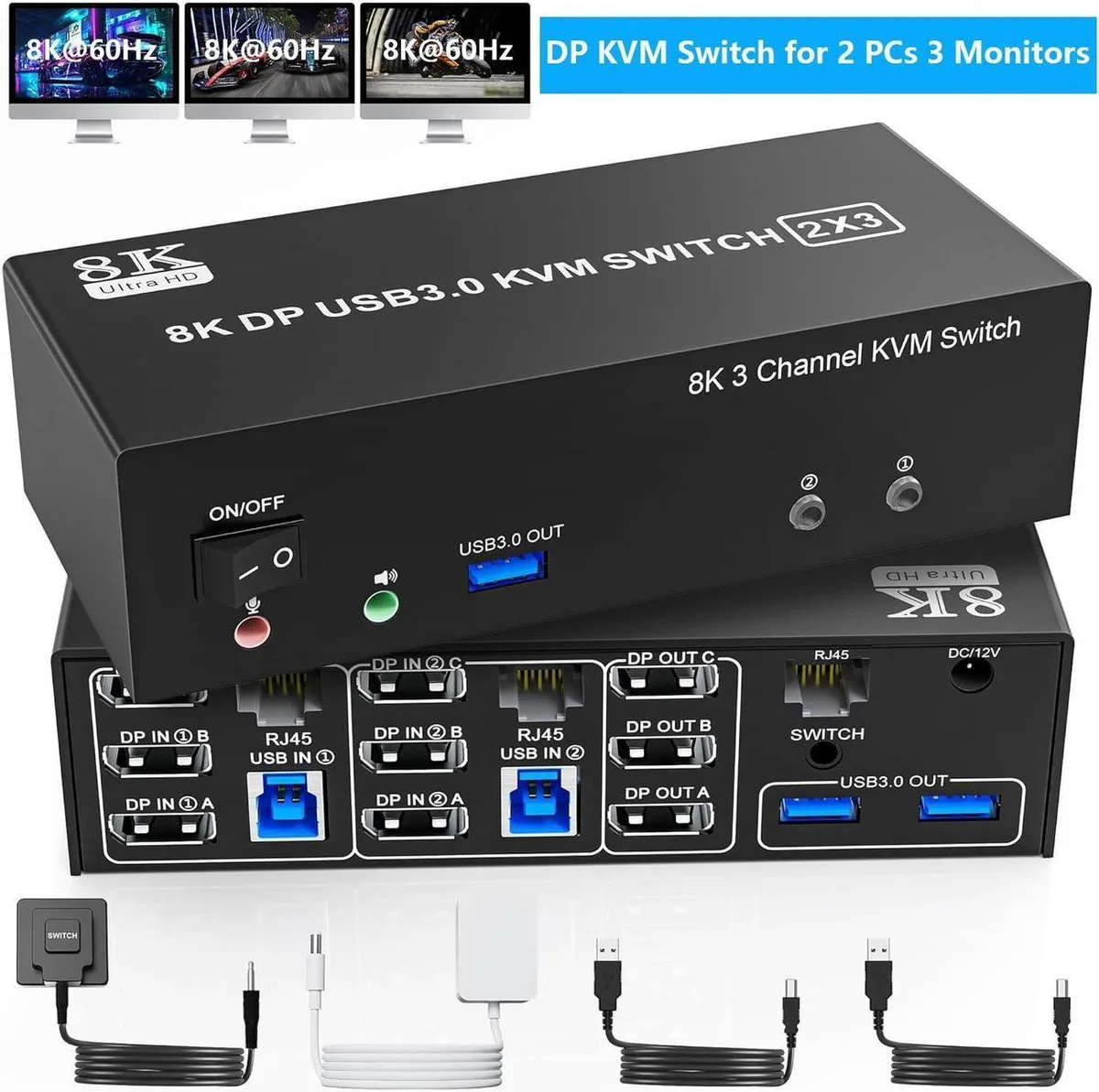 Vszerda Vszerda 8K@60Hz 4K@144Hz DP 1.4 KVM Switch Triple Monitor 2 PC 3 USB 3.0 RJ45 Audio Mic — product photo
