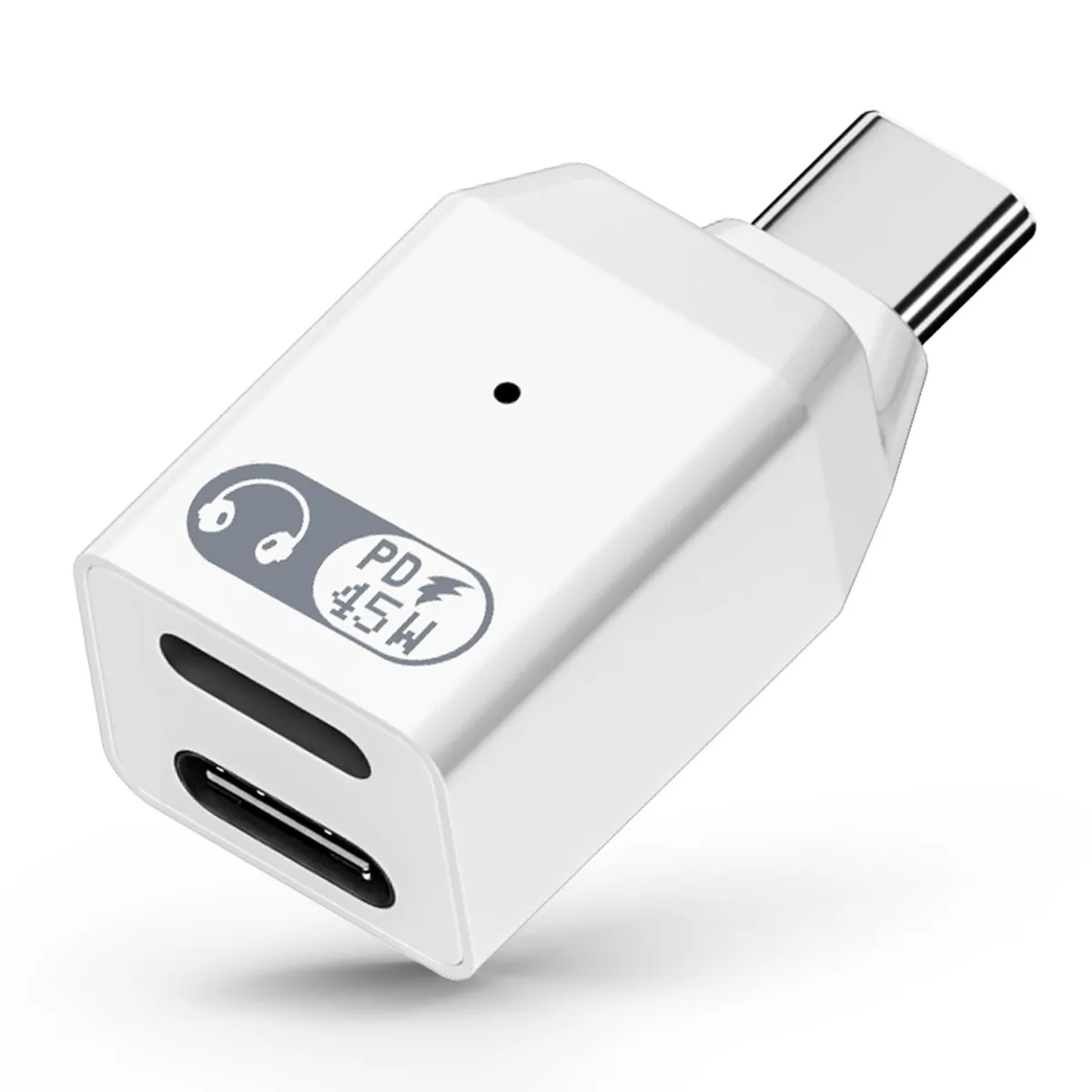 White USB-C splitter with two ports, compact aluminium body