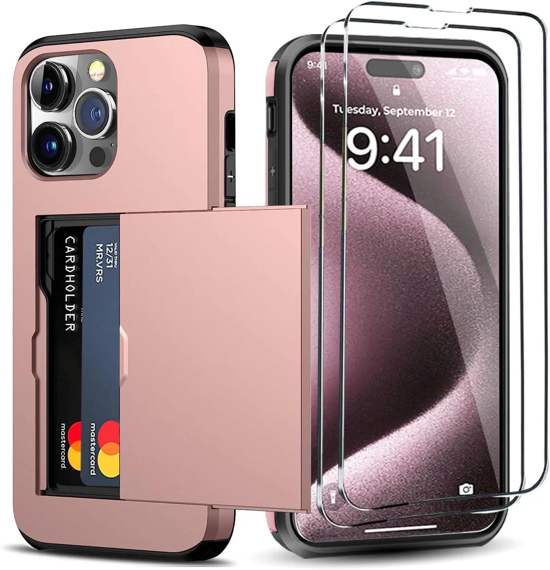 TAURKENAM TAURKENAM iPhone 15 Pro Wallet Case with Card Holder + 2 Tempered Glass Screen Protector Rose Gold — product photo