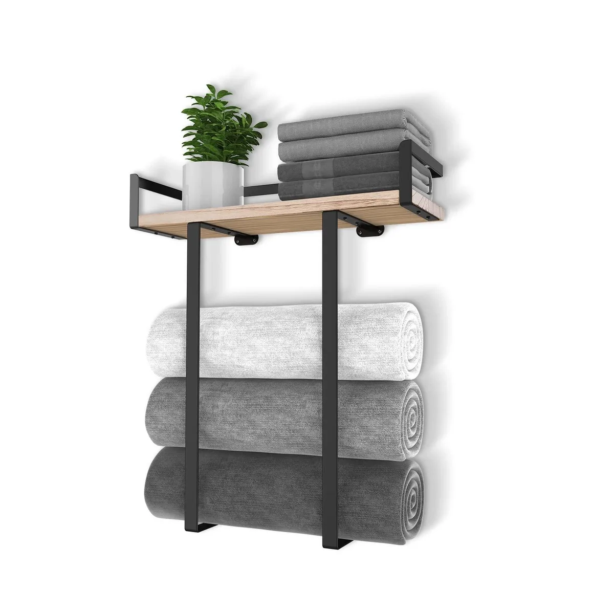  Wall-Mounted Towel Rack with Wooden Shelf — Black Metal, Pine, 40 lb Capacity — product photo