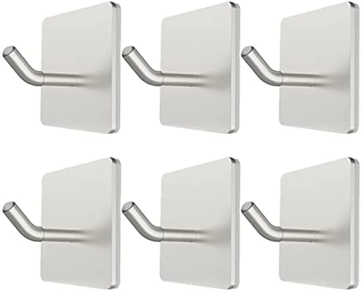 Pack of six silver matte metal adhesive wall hooks