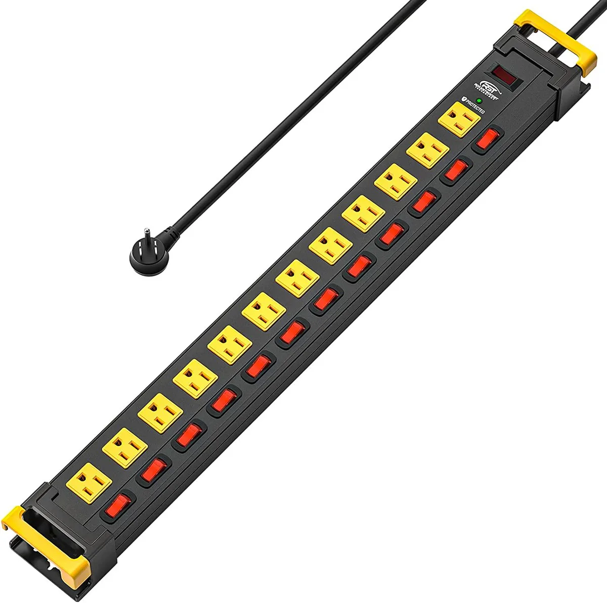 Black metal surge protector strip with twelve outlets and yellow switches, nine-foot cord, cord managers on both sides