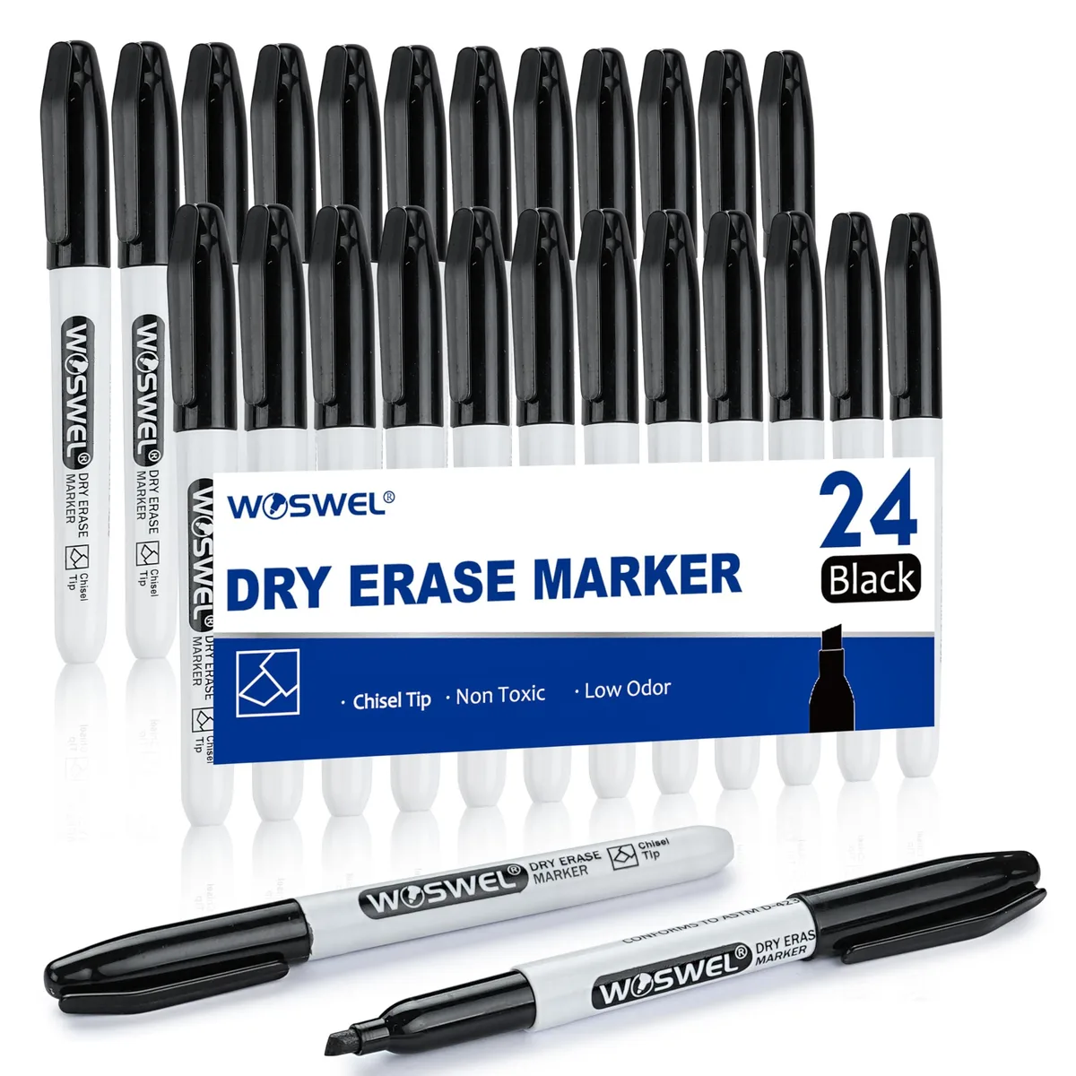 Box of 24 black chisel-tip dry-erase markers