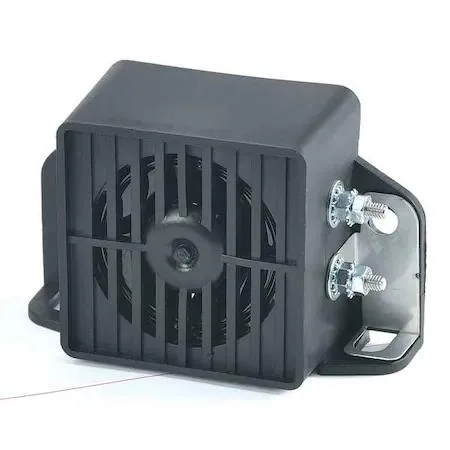 Black rectangular backup alarm with mounting holes and sealed epoxy housing